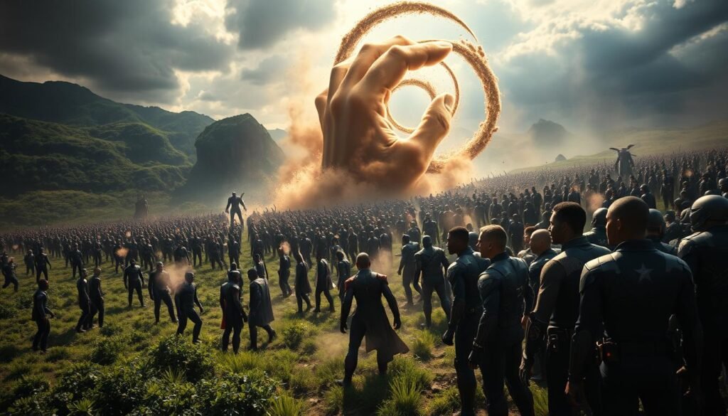A sprawling battlefield in Wakanda, a lush, verdant landscape torn asunder. The Avengers and their allies stand resolute, facing the advancing forces of Thanos and his black-armored legions. Tension hangs thick in the air, a palpable sense of dread as the Titan's gauntlet-clad hand raises, fingers poised to snap. Dramatic lighting casts dramatic shadows, creating a chiaroscuro effect, the impending doom palpable. Close-ups of the heroes' expressions, their faces etched with grim determination, mingled with fear and uncertainty. In the background, a swirling vortex of energy, the fabric of reality itself beginning to unravel. As Thanos' snap echoes through the battlefield, the heroes are consumed by a billowing cloud of dust, their bodies disintegrating into nothingness, the camera capturing the moment of their demise in heart-wrenching detail. A sprawling battlefield in Wakanda, a lush, verdant landscape torn asunder. The Avengers and their allies stand resolute, facing the advancing forces of Thanos and his black-armored legions. Tension hangs thick in the air, a palpable sense of dread as the Titan's gauntlet-clad hand raises, fingers poised to snap. Dramatic lighting casts dramatic shadows, creating a chiaroscuro effect, the impending doom palpable. Close-ups of the heroes' expressions, their faces etched with grim determination, mingled with fear and uncertainty. In the background, a swirling vortex of energy, the fabric of reality itself beginning to unravel. As Thanos' snap echoes through the battlefield, the heroes are consumed by a billowing cloud of dust, their bodies disintegrating into nothingness, the camera capturing the moment of their demise in heart-wrenching detail.