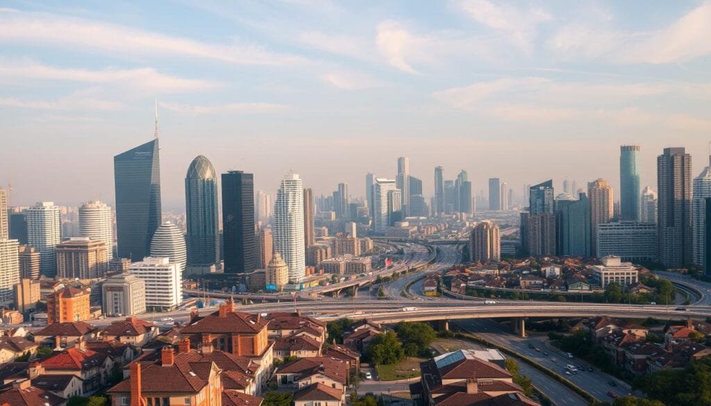 A sprawling cityscape of towering skyscrapers, their glass facades glinting in the warm sunlight. In the foreground, a series of residential buildings, their rooftops adorned with satellite dishes and chimneys, conveying a sense of urban density. The middle ground features a network of roads and highways, bustling with cars and trucks, symbolic of the rapid expansion and growth of the mortgage industry. In the background, a hazy blue sky, with wispy clouds drifting lazily overhead, creating a sense of tranquility that belies the impending financial crisis. The overall mood is one of optimism and progress, tinged with a subtle undercurrent of unease, hinting at the fragility of the system. A sprawling cityscape of towering skyscrapers, their glass facades glinting in the warm sunlight. In the foreground, a series of residential buildings, their rooftops adorned with satellite dishes and chimneys, conveying a sense of urban density. The middle ground features a network of roads and highways, bustling with cars and trucks, symbolic of the rapid expansion and growth of the mortgage industry. In the background, a hazy blue sky, with wispy clouds drifting lazily overhead, creating a sense of tranquility that belies the impending financial crisis. The overall mood is one of optimism and progress, tinged with a subtle undercurrent of unease, hinting at the fragility of the system.