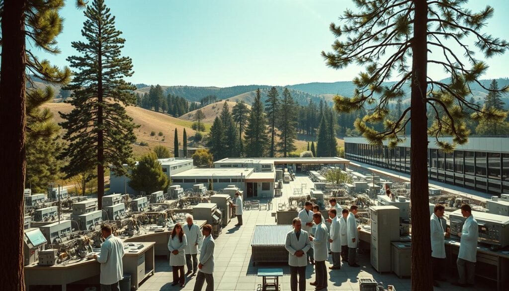A sprawling mid-century modern campus nestled at the base of rolling hills, the Shockley Semiconductor Laboratory in Mountain View stands as the birthplace of Silicon Valley. Sunlight filters through large picture windows, illuminating rows of whirring machines and engineers hunched over workbenches. In the foreground, a group of scientists in crisp white lab coats examine a gleaming silicon wafer, the foundation of the transistor revolution. Towering pines frame the scene, hinting at the natural beauty that surrounds this cradle of technological innovation. An air of possibility and discovery pervades the space, capturing the pioneering spirit that would transform this quiet corner of California into the world's preeminent hub of semiconductor research and development.