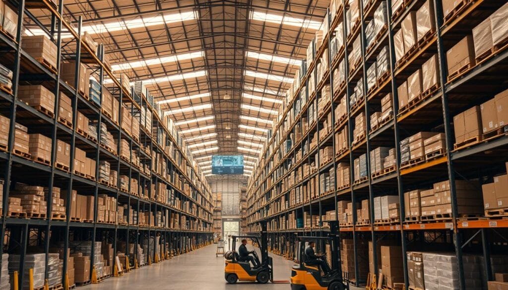 A sprawling warehouse interior, bathed in warm, diffused lighting from overhead skylights. Rows of towering metal shelving units stretch into the distance, each shelf meticulously stocked with an array of products - cardboard boxes, plastic containers, and pallets of goods. Forklifts deftly navigate the aisles, their operators guiding the machines with practiced precision. The atmosphere is one of efficient organization, a symphony of logistics seamlessly orchestrated to ensure a steady, uninterrupted flow of supplies. In the background, a control room overlooking the operations, where data feeds and digital displays monitor the ebb and flow of inventory, anticipating and mitigating any potential disruptions. This is the heart of the supply chain, the vital infrastructure that keeps shelves stocked and consumers satisfied, even in the face of unexpected demand fluctuations.