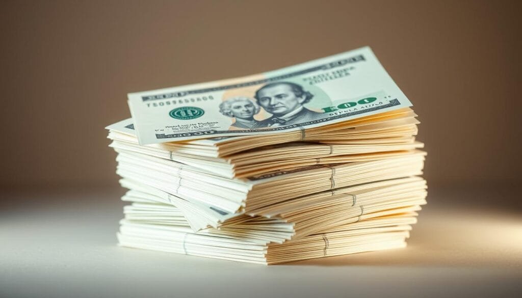 A stack of crisp, finely detailed bank notes, illuminated by soft, diffuse lighting that accentuates the intricate designs and security features. The bills are arranged in a visually appealing composition, with varying angles and overlapping layers to create depth and a sense of movement. The background is a neutral, muted tone that allows the currency to take center stage, symbolizing the modern financial system and the power of fiat money. The overall atmosphere conveys a sense of authority, stability, and the sophisticated mechanisms that underpin the value of this fiduciary currency.