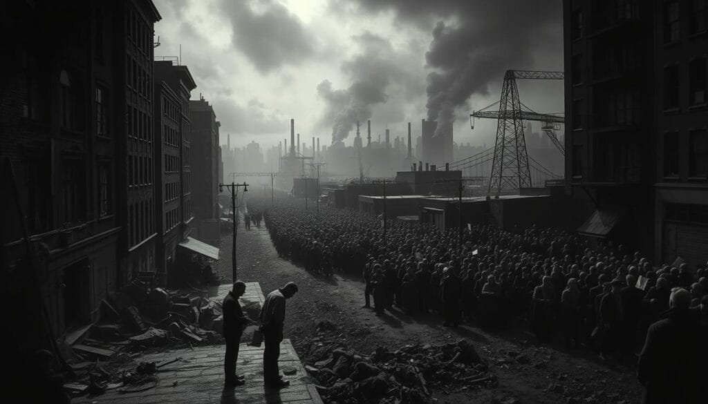 A stark, dramatic landscape depicting the devastation of the Great Depression. In the foreground, a desolate urban setting with dilapidated buildings, broken windows, and crumbling infrastructure. A lone figure, head bowed, symbolizes the human toll of economic collapse. The middle ground reveals long lines of desperate people, queuing for meager scraps of sustenance. In the distant background, a shroud of darkness and despair looms, punctuated by the silhouettes of boarded-up businesses and the skeletal frames of abandoned factories. The lighting is somber, with a moody, chiaroscuro effect casting deep shadows and highlighting the grim realities of the time. The overall mood is one of profound sorrow, hopelessness, and the devastating impact of the 1929 stock market crash that ushered in the Great Depression. A stark, dramatic landscape depicting the devastation of the Great Depression. In the foreground, a desolate urban setting with dilapidated buildings, broken windows, and crumbling infrastructure. A lone figure, head bowed, symbolizes the human toll of economic collapse. The middle ground reveals long lines of desperate people, queuing for meager scraps of sustenance. In the distant background, a shroud of darkness and despair looms, punctuated by the silhouettes of boarded-up businesses and the skeletal frames of abandoned factories. The lighting is somber, with a moody, chiaroscuro effect casting deep shadows and highlighting the grim realities of the time. The overall mood is one of profound sorrow, hopelessness, and the devastating impact of the 1929 stock market crash that ushered in the Great Depression.