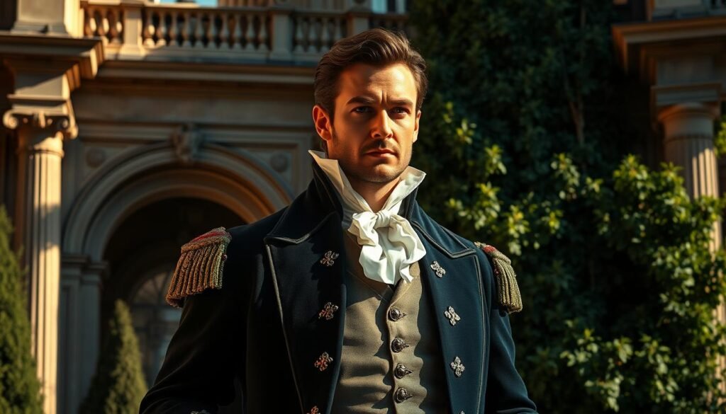 A stately portrait of the noble Viscount of Bragelonne, Alexandre Dumas' iconic character, rendered in the refined style of the French Romantic era. Set against a backdrop of ornate architecture and lush greenery, the Viscount stands tall, his poise and elegance conveying a sense of purpose and destiny. The lighting is warm and dramatic, casting shadows that accentuate the intricate details of his period attire and the resolute expression on his chiseled features. The composition is balanced and symmetrical, lending an air of timeless grandeur to the scene, as if capturing a pivotal moment in the Viscount's legendary adventures.