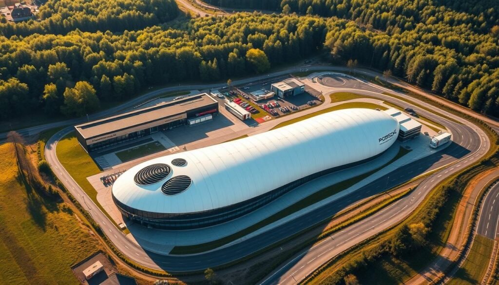 A striking aerial view of the Porsche development center in Weissach, Germany. The modernist campus buildings sit nestled in a lush, rolling landscape, their sleek glass and steel facades gleaming in the warm afternoon sunlight. In the foreground, a sprawling wind tunnel dominates the scene, its curved walls and intricate air intake systems hinting at the advanced aerodynamic testing that takes place within. The middle ground reveals a network of test tracks, where engineers push the limits of Porsche's iconic 911 model, refining its legendary handling and performance. In the distance, the verdant forest canopy provides a natural backdrop, creating a harmonious blend of state-of-the-art automotive innovation and the serene beauty of the German countryside. A striking aerial view of the Porsche development center in Weissach, Germany. The modernist campus buildings sit nestled in a lush, rolling landscape, their sleek glass and steel facades gleaming in the warm afternoon sunlight. In the foreground, a sprawling wind tunnel dominates the scene, its curved walls and intricate air intake systems hinting at the advanced aerodynamic testing that takes place within. The middle ground reveals a network of test tracks, where engineers push the limits of Porsche's iconic 911 model, refining its legendary handling and performance. In the distance, the verdant forest canopy provides a natural backdrop, creating a harmonious blend of state-of-the-art automotive innovation and the serene beauty of the German countryside.