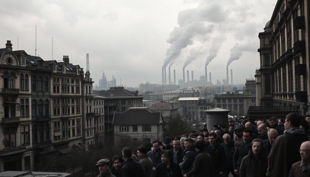 A striking cityscape of Santiago, Chile, bathed in somber tones. In the foreground, crumbling facades of once-grand buildings, their windows boarded up, conveying the economic devastation. In the middle ground, a crowd of dejected people, their faces etched with worry, standing in line at a soup kitchen. The background is shrouded in a hazy, oppressive atmosphere, with factory smokestacks belching dark plumes against a leaden sky. Capture the palpable sense of despair and hardship, as the global financial crisis of the 1930s ripples through the Chilean landscape, leaving a lasting impact on the Latin American region. A striking cityscape of Santiago, Chile, bathed in somber tones. In the foreground, crumbling facades of once-grand buildings, their windows boarded up, conveying the economic devastation. In the middle ground, a crowd of dejected people, their faces etched with worry, standing in line at a soup kitchen. The background is shrouded in a hazy, oppressive atmosphere, with factory smokestacks belching dark plumes against a leaden sky. Capture the palpable sense of despair and hardship, as the global financial crisis of the 1930s ripples through the Chilean landscape, leaving a lasting impact on the Latin American region.
