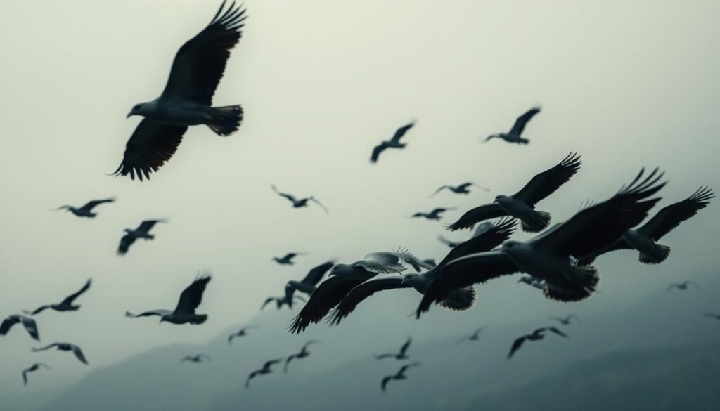 A striking flock of aves soaring gracefully against a moody, overcast sky. In the foreground, a cluster of large birds, their wings outstretched, their feathers catching the dim light. In the middle distance, several smaller birds dart between them, creating a sense of movement and energy. The background is a hazy, atmospheric landscape, with distant mountains or cliffs hinting at the untamed, natural setting. The lighting is soft and diffused, casting a contemplative, almost mystical mood over the scene. Captured with a wide-angle lens to emphasize the scale and grandeur of the aves, this image evokes the borderland between myth and reality, where the fantastic and the mundane coexist. A striking flock of aves soaring gracefully against a moody, overcast sky. In the foreground, a cluster of large birds, their wings outstretched, their feathers catching the dim light. In the middle distance, several smaller birds dart between them, creating a sense of movement and energy. The background is a hazy, atmospheric landscape, with distant mountains or cliffs hinting at the untamed, natural setting. The lighting is soft and diffused, casting a contemplative, almost mystical mood over the scene. Captured with a wide-angle lens to emphasize the scale and grandeur of the aves, this image evokes the borderland between myth and reality, where the fantastic and the mundane coexist.