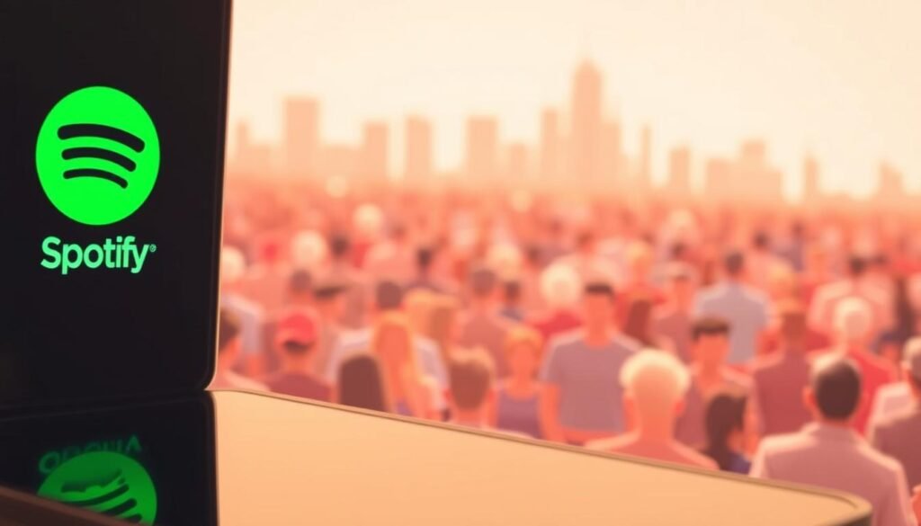 A striking image of a Spotify-branded "freemium" model. In the foreground, a sleek, minimalist Spotify interface, with the familiar green logo prominently displayed. The user experience is clean and intuitive, showcasing the app's seamless navigation. In the middle ground, a crowd of diverse, stylized figures representing the millions of Spotify users, both free and premium subscribers, immersed in the platform. The background features a dynamic, abstract cityscape, symbolizing the global reach and impact of Spotify's innovative business model. Warm, diffused lighting creates a sense of accessibility and inclusivity, while a slightly angled perspective adds depth and visual interest. The overall composition conveys the power of Spotify's "freemium" strategy in attracting and retaining a vast user base, ultimately disrupting the music industry landscape.