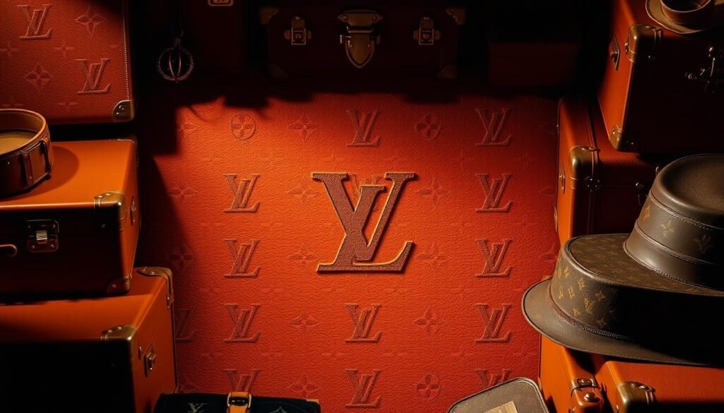A striking monogram pattern, inspired by the iconic Louis Vuitton design. The intricate, intertwined "L" and "V" letters are elegantly embossed on a rich, warm-toned leather surface, casting subtle shadows and highlights that capture the luxurious craftsmanship. The monogram is the centerpiece, surrounded by a carefully arranged composition of vintage-style leather luggage, including trunks, suitcases, and hatboxes, all conveying a sense of timeless sophistication and the brand's heritage. The lighting is soft and directional, creating a chiaroscuro effect that enhances the depth and texture of the materials. The overall mood is one of refined elegance and the storied past of this iconic luxury brand.