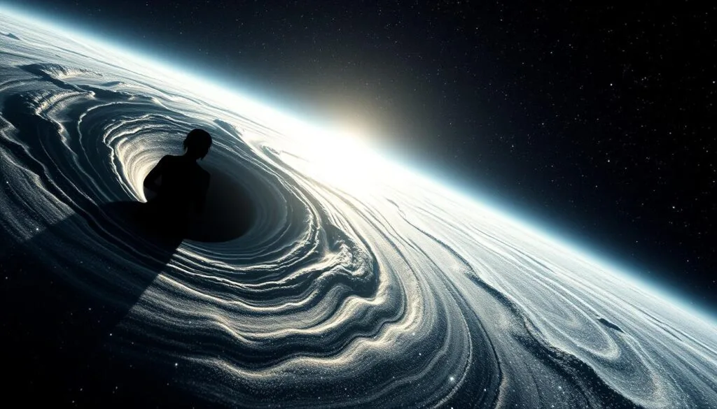 A striking visual representation of the landmark gravitational wave detection, GW150914. In the foreground, a pair of cosmic silhouettes representing the merging black holes, their graceful dance captured in a dynamic swirl of distorted spacetime. The middle ground features a shimmering field of energy, undulating waves of gravitational radiation radiating outward. In the distant background, a tapestry of stars and galaxies, a cosmic backdrop to this epochal event. Dramatic lighting casts deep shadows, highlighting the power and drama of this monumental scientific discovery. Captured with a wide-angle lens to convey the grand scale and cosmic significance of GW150914, the "ripples in spacetime" that confirmed Einstein's predictions. A striking visual representation of the landmark gravitational wave detection, GW150914. In the foreground, a pair of cosmic silhouettes representing the merging black holes, their graceful dance captured in a dynamic swirl of distorted spacetime. The middle ground features a shimmering field of energy, undulating waves of gravitational radiation radiating outward. In the distant background, a tapestry of stars and galaxies, a cosmic backdrop to this epochal event. Dramatic lighting casts deep shadows, highlighting the power and drama of this monumental scientific discovery. Captured with a wide-angle lens to convey the grand scale and cosmic significance of GW150914, the "ripples in spacetime" that confirmed Einstein's predictions.