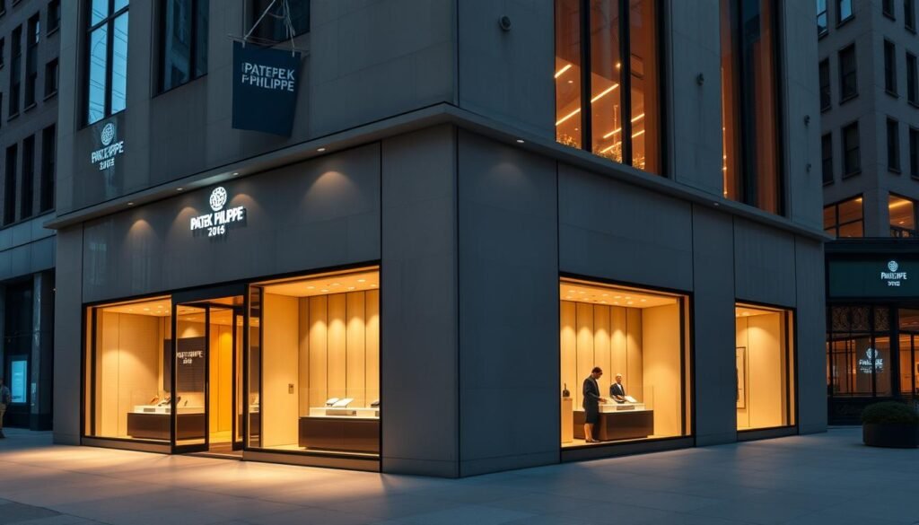 A stunning and meticulously crafted Patek Philippe boutique, situated in the heart of New York City. The elegant storefront features the brand's iconic logo and sleek, modern design, capturing the essence of the Swiss luxury watchmaker's expansion into the global market. Warm, ambient lighting casts a soft glow, highlighting the precision and craftsmanship of the timepieces on display. Towering glass windows offer a glimpse of the luxurious interior, where customers are immersed in the brand's rich heritage and tradition. The scene evokes a sense of sophistication and exclusivity, befitting the Patek Philippe name and its alliance with the legendary Tiffany & Co. A stunning and meticulously crafted Patek Philippe boutique, situated in the heart of New York City. The elegant storefront features the brand's iconic logo and sleek, modern design, capturing the essence of the Swiss luxury watchmaker's expansion into the global market. Warm, ambient lighting casts a soft glow, highlighting the precision and craftsmanship of the timepieces on display. Towering glass windows offer a glimpse of the luxurious interior, where customers are immersed in the brand's rich heritage and tradition. The scene evokes a sense of sophistication and exclusivity, befitting the Patek Philippe name and its alliance with the legendary Tiffany & Co.
