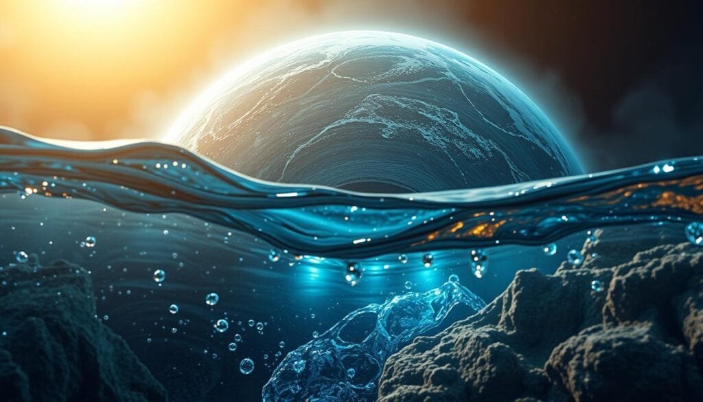 A stunning, high-resolution image of the Earth's hidden, underground "invisible oceans" within the mantle. In the foreground, crystal-clear water flows with mesmerizing depth and movement, reflecting the ethereal glow of the scene. The middle ground reveals a cross-section of the Earth's interior, showcasing the vast, mysterious reservoirs of water trapped deep beneath the surface. Backlit by a warm, otherworldly light, the image conveys a sense of the immense scale and grandeur of these hidden aquatic worlds. The background fades into a hazy, ethereal realm, highlighting the enigmatic nature of the planet's internal hydrosphere. The overall composition and lighting create a contemplative, almost spiritual atmosphere, inviting the viewer to ponder the origins and mysteries of the Earth's water.