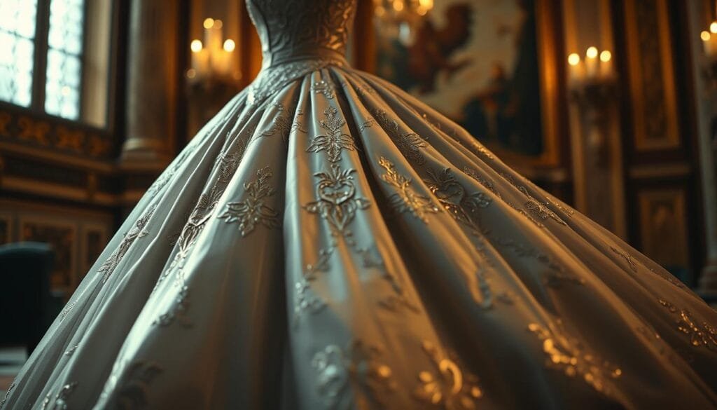 A stunning silver ball gown with intricate embroidery and delicate lace details, cascading from the waist in a sweeping, elegant silhouette. The dress is illuminated by a soft, warm lighting that casts a gentle glow, highlighting the shimmering fabric and creating a dreamlike, cinematic atmosphere. The camera angle is slightly low, emphasizing the grandeur and majesty of the dress, with a blurred, out-of-focus background that suggests a palatial setting. The overall tone is one of timeless beauty, enchantment, and the magic of the classic fairy tale. A stunning silver ball gown with intricate embroidery and delicate lace details, cascading from the waist in a sweeping, elegant silhouette. The dress is illuminated by a soft, warm lighting that casts a gentle glow, highlighting the shimmering fabric and creating a dreamlike, cinematic atmosphere. The camera angle is slightly low, emphasizing the grandeur and majesty of the dress, with a blurred, out-of-focus background that suggests a palatial setting. The overall tone is one of timeless beauty, enchantment, and the magic of the classic fairy tale.