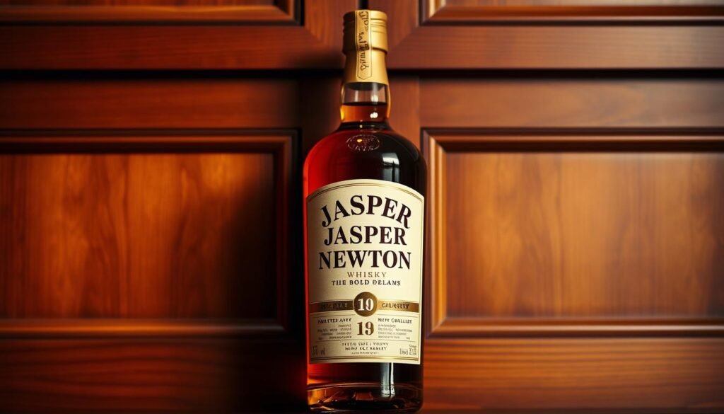 A stylishly presented bottle of Jasper Newton Whisky, centered in the frame against a background of warm, rich mahogany wood paneling. The bottle's distinctive label and embossed branding are clearly visible, exuding a sense of timeless craftsmanship and heritage. Soft, golden lighting casts a gentle glow over the scene, creating an atmosphere of refined elegance and old-world charm. The composition is balanced, with the bottle positioned to draw the viewer's eye, hinting at the whisky's storied past and the mystery of its creation. A stylishly presented bottle of Jasper Newton Whisky, centered in the frame against a background of warm, rich mahogany wood paneling. The bottle's distinctive label and embossed branding are clearly visible, exuding a sense of timeless craftsmanship and heritage. Soft, golden lighting casts a gentle glow over the scene, creating an atmosphere of refined elegance and old-world charm. The composition is balanced, with the bottle positioned to draw the viewer's eye, hinting at the whisky's storied past and the mystery of its creation.