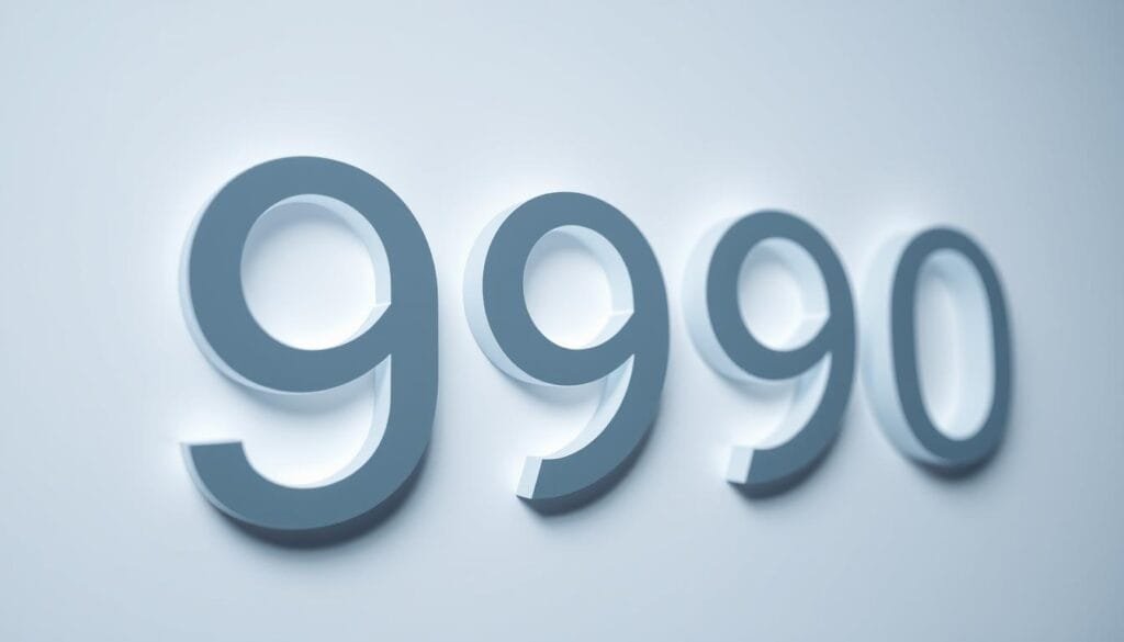 A stylized close-up shot of the numerical price tag "¥990" against a clean, minimalist background. The digit "9" is the focal point, rendered in a modern, geometric typeface with sharp edges and precise lines. The "0" appears slightly smaller and recessed, creating a sense of depth and visual interest. The overall lighting is soft and diffused, casting gentle shadows that accentuate the three-dimensional quality of the price tag. The color palette is muted, with subtle gradients of grays, whites, and blues, evoking a sense of sophistication and understated elegance.