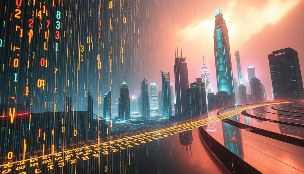 A surreal, cyberpunk-inspired vision of "lluvia de código" (code rain). In the foreground, cascading streams of luminous, neon-like code fragments flutter and swirl, creating a mesmerizing, almost hypnotic effect. The middle ground features a futuristic cityscape, with towering skyscrapers and neon-lit holograms reflecting off sleek, mirrored surfaces. The background is shrouded in a hazy, atmospheric glow, with hints of a stormy, electric sky peeking through. The lighting is dramatic, with dramatic shadows and highlights, and the overall tone is one of mystery, technology, and the hidden, visual language of the digital realm. A surreal, cyberpunk-inspired vision of "lluvia de código" (code rain). In the foreground, cascading streams of luminous, neon-like code fragments flutter and swirl, creating a mesmerizing, almost hypnotic effect. The middle ground features a futuristic cityscape, with towering skyscrapers and neon-lit holograms reflecting off sleek, mirrored surfaces. The background is shrouded in a hazy, atmospheric glow, with hints of a stormy, electric sky peeking through. The lighting is dramatic, with dramatic shadows and highlights, and the overall tone is one of mystery, technology, and the hidden, visual language of the digital realm.