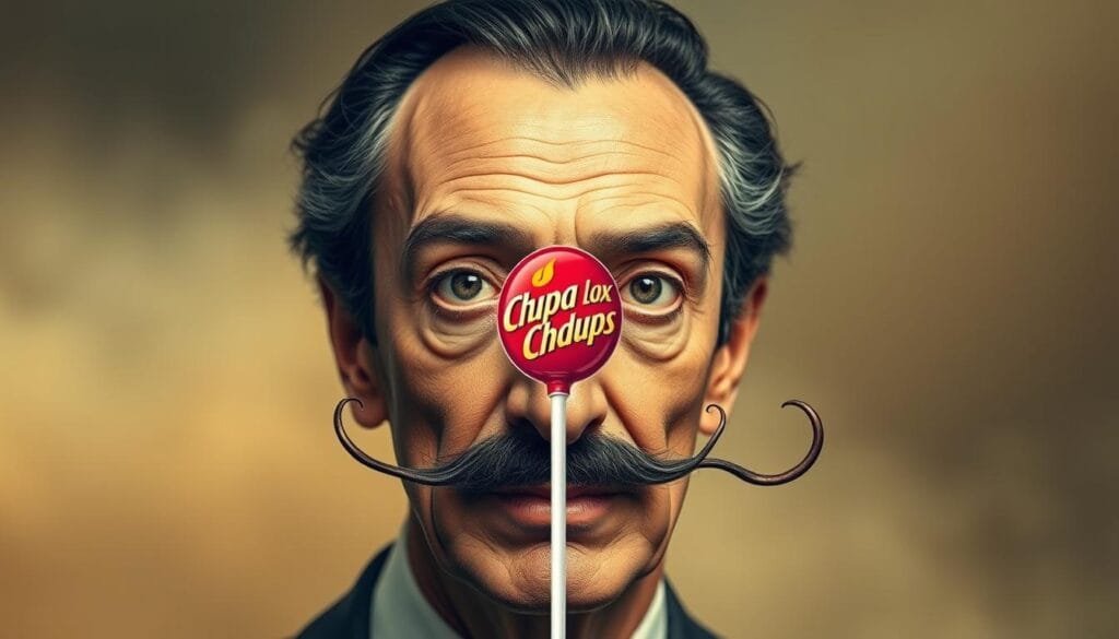 A surreal, dreamlike portrait of the renowned Spanish artist Salvador Dalí, captured in his iconic melting-clock style. Set against a hazy, ethereal background, Dalí's distinctive mustachioed face and penetrating gaze command the viewer's attention. The foreground features Dalí's distinctive features rendered in vivid detail, with a soft, diffused lighting that enhances the otherworldly atmosphere. In the middle ground, the iconic Chupa Chups lollipop logo subtly emerges, its vibrant colors and playful design contrasting with Dalí's intense expression. The background blends seamless gradients of pastel hues, suggesting the artist's surreal, imaginative spirit. The overall composition conveys the artistic genius and creative vision of Salvador Dalí, the designer of the iconic Chupa Chups logo.