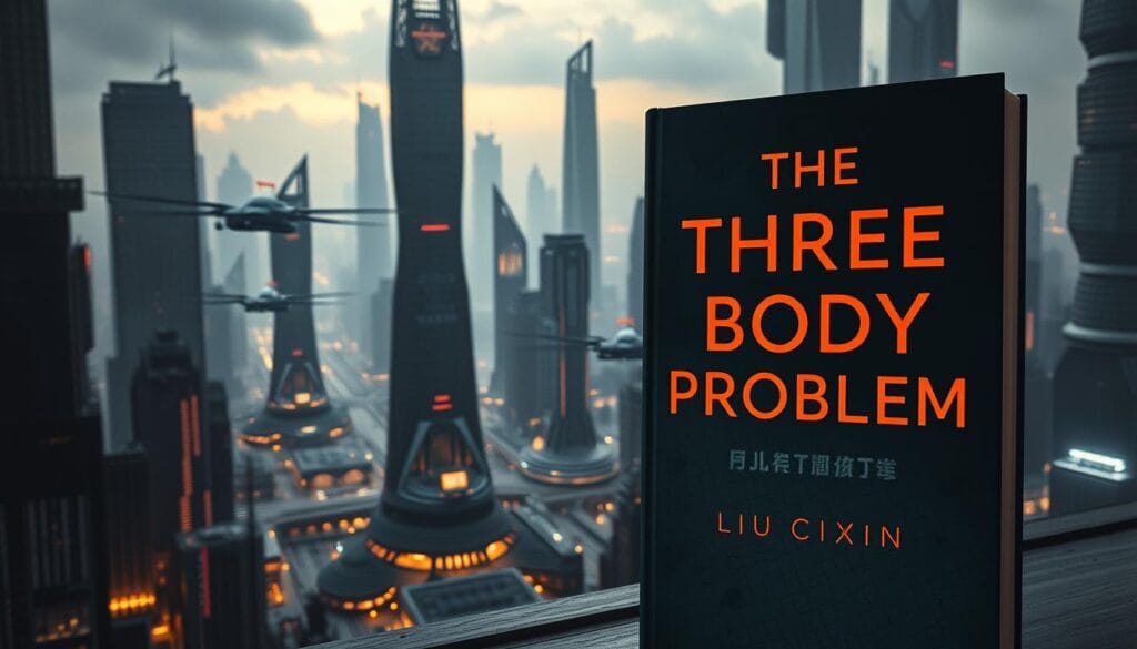 A sweeping vista of a futuristic cityscape, glimmering with towering skyscrapers and sleek hovercraft. In the foreground, a prominent book cover prominently displays the title "The Three-Body Problem" by Liu Cixin, its bold lettering illuminated by warm, diffuse lighting. The scene is bathed in a moody, cinematic atmosphere, with dramatic shadows and highlights accentuating the architectural details. The overall mood is one of scientific wonder and technological advancement, reflecting the themes of Liu's renowned hard science fiction novel and its global impact. A sweeping vista of a futuristic cityscape, glimmering with towering skyscrapers and sleek hovercraft. In the foreground, a prominent book cover prominently displays the title "The Three-Body Problem" by Liu Cixin, its bold lettering illuminated by warm, diffuse lighting. The scene is bathed in a moody, cinematic atmosphere, with dramatic shadows and highlights accentuating the architectural details. The overall mood is one of scientific wonder and technological advancement, reflecting the themes of Liu's renowned hard science fiction novel and its global impact.