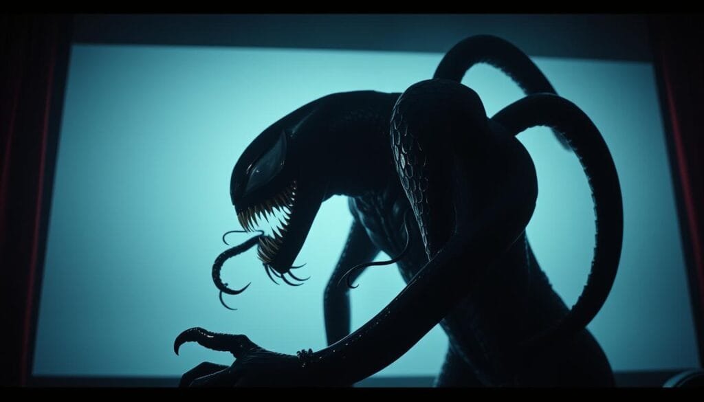 A symbiotic entity enveloping a movie screen, tendrils grasping the edges, a sinister yet captivating presence. Inky black with glistening white eyes and fangs, the symbiote looms large, its form shifting and undulating. The background is a dimly lit cinematic environment, the screen casting an ethereal glow. Dramatic chiaroscuro lighting accentuates the symbiote's ominous nature, creating deep shadows and highlights that convey its powerful, otherworldly essence. The composition places the symbiote as the focal point, commanding the viewer's attention and hinting at its transformative impact on the medium of film.