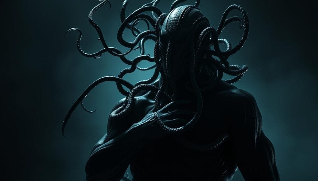 A symbiotic entity, its tendrils snaking and writhing, a manifestation of primal power. Sleek, dark, with an unsettling glow, it engulfs its host in a sinister embrace. Captured in a dramatic chiaroscuro lighting, the symbionte's form is both captivating and unnerving, hinting at its complex and tortuous origins. Its visage, a blend of human and alien, suggests a duality of nature, a struggle between good and evil. The background fades into a moody, atmospheric haze, emphasizing the subject's dominance and the weight of its significance. This is the symbionte, the harbinger of a new era of anti-heroes, a creature born from the darkness of the human experience.