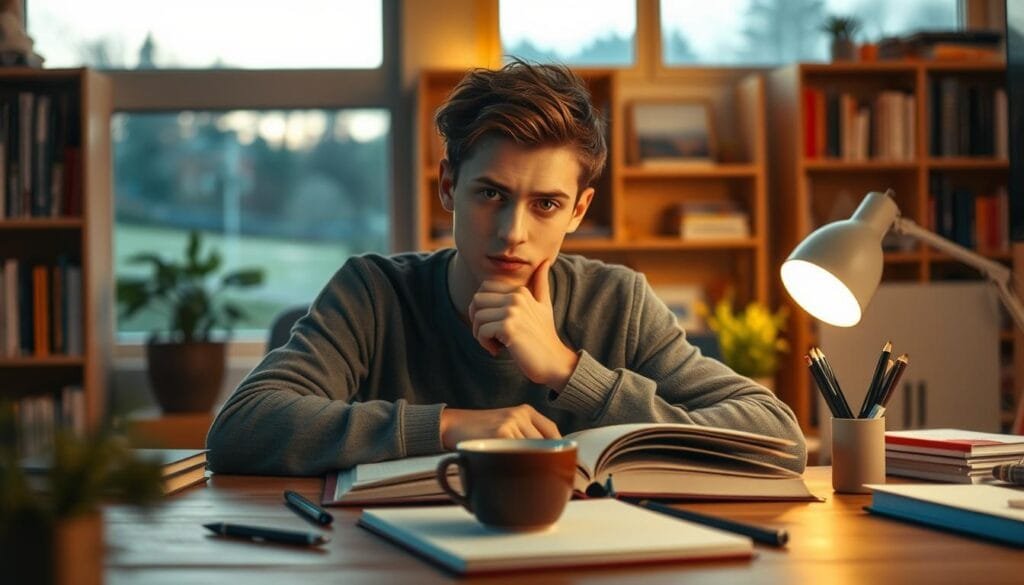 A thoughtful young person in a cozy workspace, deep in contemplation. The foreground features a wooden desk with an open notebook, a cup of coffee, and a few scattered office supplies. In the middle ground, the person's face is visible, brow furrowed as they ponder a problem. The background depicts a warm, inviting room with soft lighting, bookshelves, and a window overlooking a tranquil outdoor scene. The overall atmosphere conveys a sense of focus, introspection, and the mental process of making connections and finding solutions. A thoughtful young person in a cozy workspace, deep in contemplation. The foreground features a wooden desk with an open notebook, a cup of coffee, and a few scattered office supplies. In the middle ground, the person's face is visible, brow furrowed as they ponder a problem. The background depicts a warm, inviting room with soft lighting, bookshelves, and a window overlooking a tranquil outdoor scene. The overall atmosphere conveys a sense of focus, introspection, and the mental process of making connections and finding solutions.