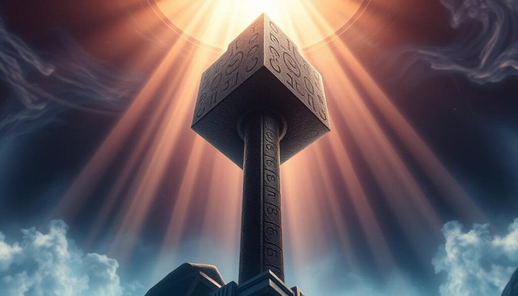 A towering Mjolnir, the legendary hammer of Thor, stands resolute against a swirling, ethereal backdrop. The ancient runes carved into its surface glimmer with a mystical energy, hinting at the immense power it channels. Rays of celestial light bathe the hammer in an otherworldly glow, casting dramatic shadows that accentuate its formidable silhouette. The Mjolnir is poised, ready to be wielded by the mighty Thor, a symbol of his unparalleled strength and the very essence of Asgardian might. The scene exudes a sense of grandeur and awe, capturing the sheer power and significance of this iconic weapon. A towering Mjolnir, the legendary hammer of Thor, stands resolute against a swirling, ethereal backdrop. The ancient runes carved into its surface glimmer with a mystical energy, hinting at the immense power it channels. Rays of celestial light bathe the hammer in an otherworldly glow, casting dramatic shadows that accentuate its formidable silhouette. The Mjolnir is poised, ready to be wielded by the mighty Thor, a symbol of his unparalleled strength and the very essence of Asgardian might. The scene exudes a sense of grandeur and awe, capturing the sheer power and significance of this iconic weapon.