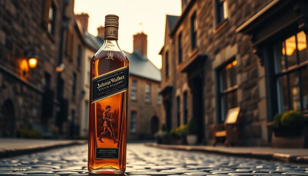 A traditional Scotch whisky bottle set against the backdrop of a quaint 19th-century town in Kilmarnock, Scotland. The Johnnie Walker "Striding Man" logo stands tall and proud, his silhouette embodying the brand's legacy of forward movement and exploration. The scene is illuminated by warm, golden lighting, evoking the rich, amber hue of the whisky within. The cobblestone streets and weathered stone buildings create a sense of historical authenticity, transporting the viewer to the origins of this iconic Scottish whisky brand. A traditional Scotch whisky bottle set against the backdrop of a quaint 19th-century town in Kilmarnock, Scotland. The Johnnie Walker "Striding Man" logo stands tall and proud, his silhouette embodying the brand's legacy of forward movement and exploration. The scene is illuminated by warm, golden lighting, evoking the rich, amber hue of the whisky within. The cobblestone streets and weathered stone buildings create a sense of historical authenticity, transporting the viewer to the origins of this iconic Scottish whisky brand.