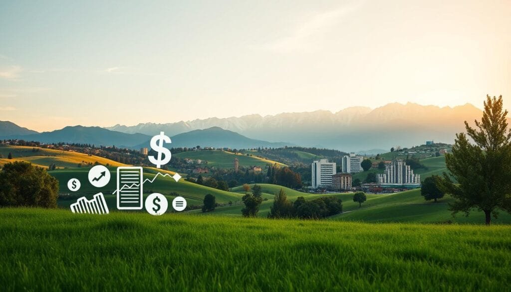 A tranquil Chilean landscape, showcasing the diverse investment opportunities available to beginner investors. In the foreground, a group of financial symbols - stocks, bonds, currencies - float serenely above a lush green meadow. The middle ground features rolling hills dotted with modern office buildings and residential complexes, representing the diverse economic sectors. In the background, the majestic Andes mountains rise up, bathed in warm, golden sunlight, symbolizing the stability and enduring potential of the Chilean market. The overall scene conveys a sense of stability, growth, and the promise of rewarding financial opportunities for those just starting their investment journey. A tranquil Chilean landscape, showcasing the diverse investment opportunities available to beginner investors. In the foreground, a group of financial symbols - stocks, bonds, currencies - float serenely above a lush green meadow. The middle ground features rolling hills dotted with modern office buildings and residential complexes, representing the diverse economic sectors. In the background, the majestic Andes mountains rise up, bathed in warm, golden sunlight, symbolizing the stability and enduring potential of the Chilean market. The overall scene conveys a sense of stability, growth, and the promise of rewarding financial opportunities for those just starting their investment journey.