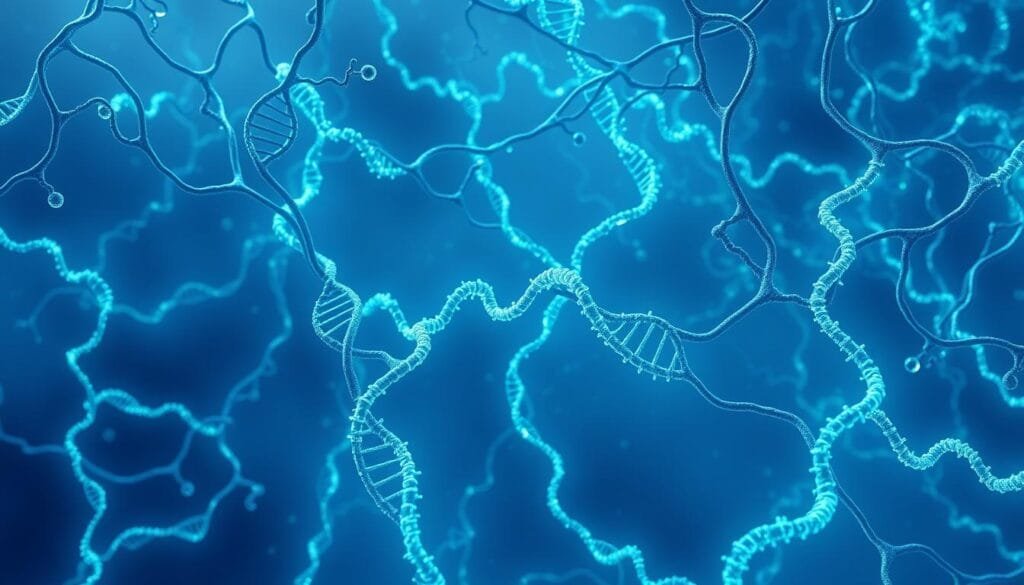 A vast and intricate network of antibiotic resistance genes, depicted in a detailed 3D rendering. Glowing DNA strands intertwine, forming a complex web that fills the frame. Subtle blue and green hues cast an eerie, ethereal glow, highlighting the complex molecular structures. In the foreground, individual gene sequences appear to twist and writhe, conveying a sense of the dynamic, ever-evolving nature of this invisible threat. The background is shrouded in a misty, atmospheric haze, suggesting the ubiquitous presence of these genetic elements in the environment. The overall scene conveys the notion of a hidden, but profoundly impactful, microbial universe that exists all around us.