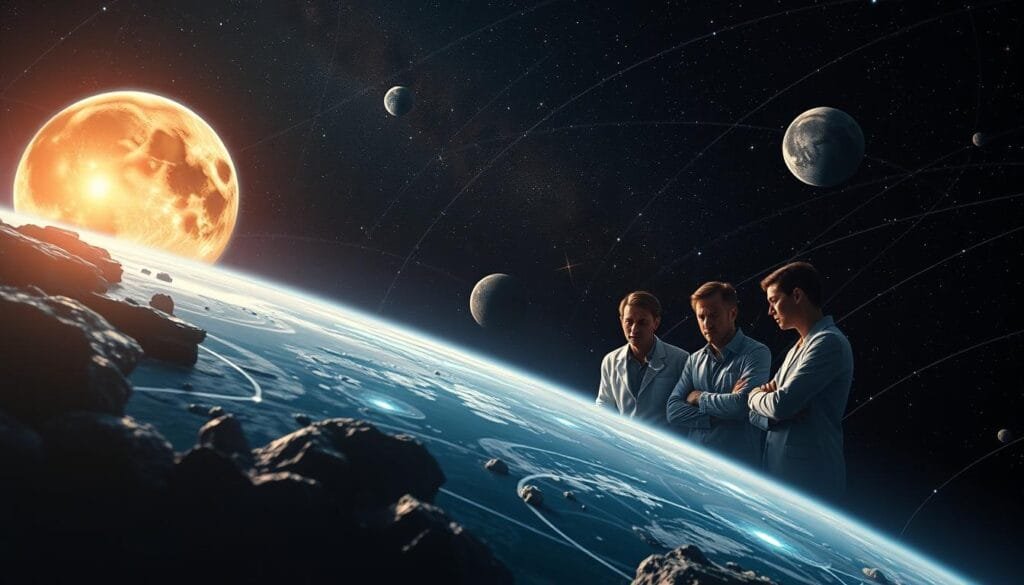 A vast cosmic expanse, filled with celestial bodies in constant motion. In the foreground, a detailed simulation of the formation of the Moon, showcasing the intricate dance of gravitational forces and the dramatic collision that gave birth to our celestial companion. In the middle ground, a team of scientists closely examining the data, their expressions intense as they unravel the mysteries of this pivotal event. In the background, a constellation of stars, their light casting a soft, ethereal glow over the scene, hinting at the vastness of the universe and the endless possibilities for further exploration. The lighting is dramatic, with a mix of warm and cool tones, creating a sense of depth and atmosphere. The camera angle is slightly elevated, allowing the viewer to observe the simulation and the scientists' work from an authoritative perspective.