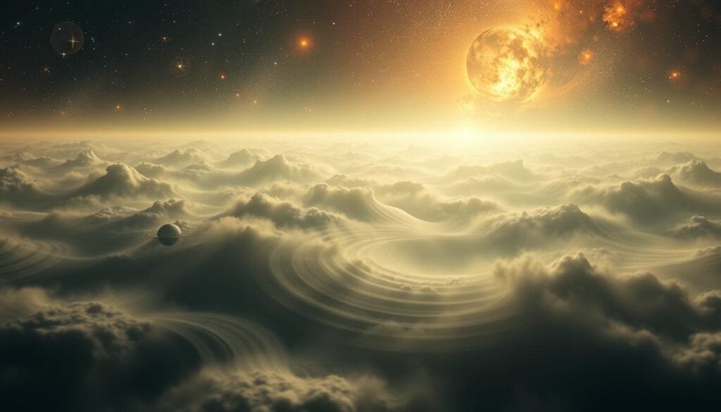 A vast cosmic landscape, shrouded in a hazy, ethereal glow. In the foreground, a swirling mass of celestial bodies, planets, and galaxies, their intricate dance captured in a dreamlike blur. The middle ground reveals a tapestry of gravitational waves, undulating across the fabric of spacetime, their subtle ripples distorting the celestial bodies. In the distant background, a kaleidoscope of nebulae and star clusters, their vibrant colors and intricate structures hinting at the complex tapestry of the universe. The lighting is soft and diffuse, creating a sense of depth and mystery, as if the viewer is peering into the very heart of cosmological phenomena. The camera angle is slightly elevated, providing a sweeping, panoramic view of this cosmic wonderland. A vast cosmic landscape, shrouded in a hazy, ethereal glow. In the foreground, a swirling mass of celestial bodies, planets, and galaxies, their intricate dance captured in a dreamlike blur. The middle ground reveals a tapestry of gravitational waves, undulating across the fabric of spacetime, their subtle ripples distorting the celestial bodies. In the distant background, a kaleidoscope of nebulae and star clusters, their vibrant colors and intricate structures hinting at the complex tapestry of the universe. The lighting is soft and diffuse, creating a sense of depth and mystery, as if the viewer is peering into the very heart of cosmological phenomena. The camera angle is slightly elevated, providing a sweeping, panoramic view of this cosmic wonderland.