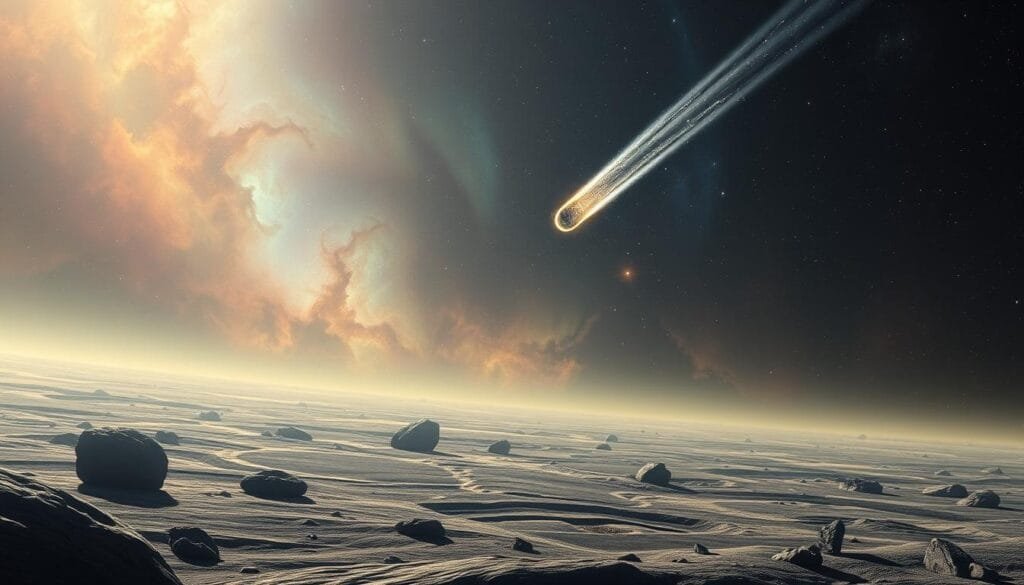 A vast, cosmic landscape stretches out, illuminated by the soft glow of distant stars. In the foreground, a cluster of celestial bodies floats serenely, their surfaces dotted with craters and crevices. These are the vessels of panspermia, carrying the seeds of life through the void of space. In the middle ground, a brilliant comet streaks across the sky, its icy tail trailing behind it. The background is a swirling nebula, its colorful clouds of gas and dust creating an ethereal, otherworldly atmosphere. The scene conveys a sense of awe and wonder, hinting at the grand, mysterious mechanisms that may have brought life to our planet. A vast, cosmic landscape stretches out, illuminated by the soft glow of distant stars. In the foreground, a cluster of celestial bodies floats serenely, their surfaces dotted with craters and crevices. These are the vessels of panspermia, carrying the seeds of life through the void of space. In the middle ground, a brilliant comet streaks across the sky, its icy tail trailing behind it. The background is a swirling nebula, its colorful clouds of gas and dust creating an ethereal, otherworldly atmosphere. The scene conveys a sense of awe and wonder, hinting at the grand, mysterious mechanisms that may have brought life to our planet.