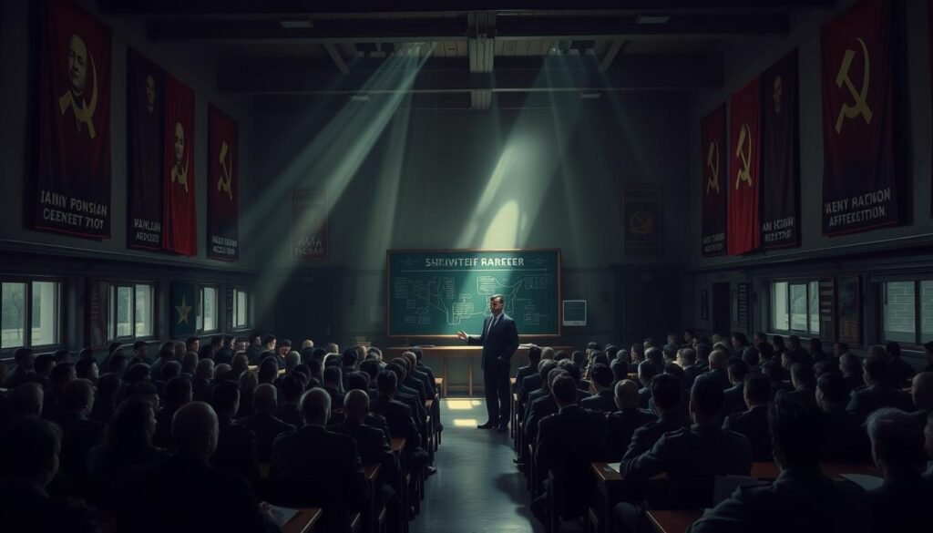 A vast, dimly lit Soviet-era classroom. Rows of students in uniform attire, intently focused on their studies. Posters of Lenin and communist symbols adorn the walls, casting an authoritative glow. In the center, a lecturer stands before a chalkboard, gesturing with conviction as they explain complex diagrams and schematics. Beams of light filter through the windows, illuminating the disciplined atmosphere. The scene conveys the rigor and dedication required for intelligence training during the Cold War era, preparing the next generation of agents for their critical duties.