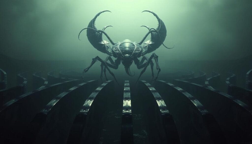 A vast, enigmatic void stretches before the viewer, a boundless expanse of eerie shadows and unsettling geometries. In the foreground, a hulking, biomechanical form looms, its insectoid carapace glistening under the dim, otherworldly illumination. Tendrils and appendages, both organic and mechanical, reach out from the creature, creating a sense of unease and the impression of a predatory, alien intelligence. The middle ground is dominated by a series of parallel, curving structures that appear to be carved from some unearthly material, their surfaces reflecting the strange light in an unsettling manner. These alien forms seem to echo the biomechanical nature of the creature in the foreground, creating a visual harmony that is both captivating and deeply unsettling. In the background, the void deepens, fading into a hazy, indistinct realm where shapes and forms seem to dissolve and recombine, hinting at a vast, unknowable universe beyond the confines of the image. The overall atmosphere is one of dread and