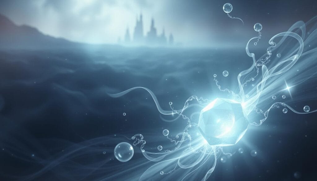 A vast, ethereal expanse of shimmering anti-matter particles, suspended in a swirling, twilight-hued void. In the foreground, a luminous, prismatic core pulses with an otherworldly energy, its radiance casting a soft, diffuse glow across the scene. Surrounding it, wispy, translucent tendrils of antimatter undulate and drift, their movements subtly choreographed by unseen forces. In the background, a faint, nebulous horizon of ghostly, anti-matter formations stretches into the infinite distance, their ethereal structures hinting at the strange and wondrous properties of this mirror-like substance. Bathed in a moody, atmospheric lighting, the entire composition conveys a sense of the exotic, the mystical, and the profoundly different from the matter we know. A vast, ethereal expanse of shimmering anti-matter particles, suspended in a swirling, twilight-hued void. In the foreground, a luminous, prismatic core pulses with an otherworldly energy, its radiance casting a soft, diffuse glow across the scene. Surrounding it, wispy, translucent tendrils of antimatter undulate and drift, their movements subtly choreographed by unseen forces. In the background, a faint, nebulous horizon of ghostly, anti-matter formations stretches into the infinite distance, their ethereal structures hinting at the strange and wondrous properties of this mirror-like substance. Bathed in a moody, atmospheric lighting, the entire composition conveys a sense of the exotic, the mystical, and the profoundly different from the matter we know.