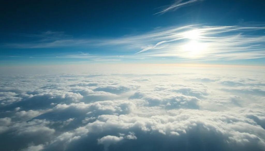 A vast, ethereal expanse of the stratosphere, where life defies the boundaries of Earth. A layer of wispy, translucent clouds drift through the thin, azure atmosphere, concealing the unseen denizens that thrive in this rarefied realm. Delicate, microscopic organisms cling to the vapor, their intricate structures and metabolic processes a testament to the adaptability of life. Sunlight filters through the gossamer veil, casting a warm, diffused glow upon the scene. The curvature of the planet's horizon stretches out in the distance, a testament to the scale of this otherworldly environment. Capture the tranquil majesty of this high-altitude ecosystem, where the pursuit of life's limits unfolds against the backdrop of the stratosphere.