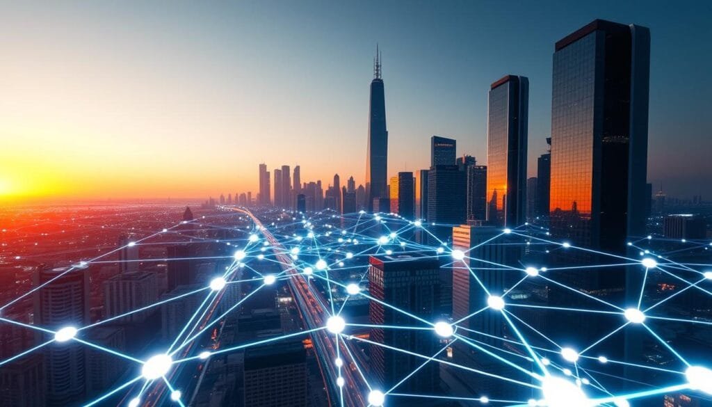 A vast, futuristic cityscape stretches across the horizon, its sleek, glass-and-steel skyscrapers bathed in the warm glow of a sunset. In the foreground, a network of glowing lines and shapes representing smart contracts and decentralized applications intertwine, pulsing with energy. The scene conveys a sense of technological progress and the seamless integration of blockchain-powered solutions into the urban landscape. The lighting is dramatic, casting deep shadows and highlighting the intricate details of the digital infrastructure. The camera angle is slightly elevated, giving the viewer a sense of immersion and the scale of the technological advancements on display.