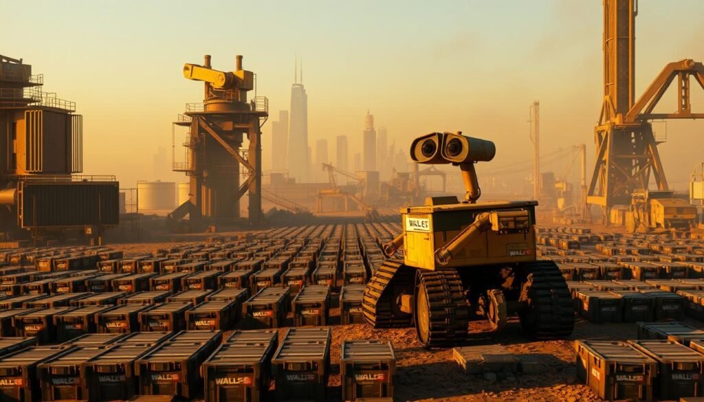 A vast industrial landscape, dominated by towering waste compactors and automated machinery. In the foreground, a rugged, all-terrain waste loader, its heavy-duty treads and hydraulic arms meticulously detailed. Bathed in warm, directional lighting that casts long shadows, conveying a sense of scale and industrial might. The middle ground is crowded with rows of waste containers, each bearing the distinctive "WALL-E" logo, a nod to the beloved Pixar character. In the background, a hazy, smog-filled skyline punctuated by the silhouettes of distant skyscrapers, hinting at the urban setting. The overall mood is one of functional efficiency, with a touch of nostalgic charm woven into the industrial aesthetic.