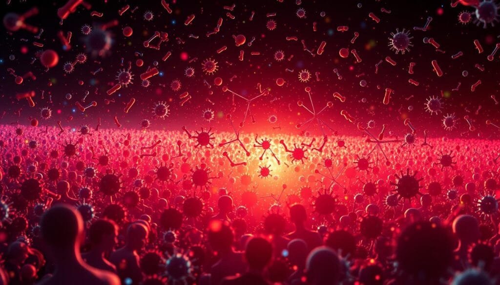 A vast, interconnected network of cells and processes, the human immune system stands as a robust defense against a diverse array of pathogens. At the heart of this system lies the concept of "herd immunity," where the collective resistance of a population safeguards the vulnerable. Depict this principle through a striking visual: a vibrant, kaleidoscopic field of antibodies and lymphocytes, intricately interwoven, forming a protective shield against the looming silhouettes of viral invaders. Illuminate the scene with a warm, diffuse glow, symbolizing the cumulative strength of individual immune responses. Capture the delicate balance between individual and communal health, where personal choices impact the greater good. Render this complex concept with clarity and visual elegance, inspiring understanding and appreciation for the wonder of our immune defenses. A vast, interconnected network of cells and processes, the human immune system stands as a robust defense against a diverse array of pathogens. At the heart of this system lies the concept of "herd immunity," where the collective resistance of a population safeguards the vulnerable. Depict this principle through a striking visual: a vibrant, kaleidoscopic field of antibodies and lymphocytes, intricately interwoven, forming a protective shield against the looming silhouettes of viral invaders. Illuminate the scene with a warm, diffuse glow, symbolizing the cumulative strength of individual immune responses. Capture the delicate balance between individual and communal health, where personal choices impact the greater good. Render this complex concept with clarity and visual elegance, inspiring understanding and appreciation for the wonder of our immune defenses.