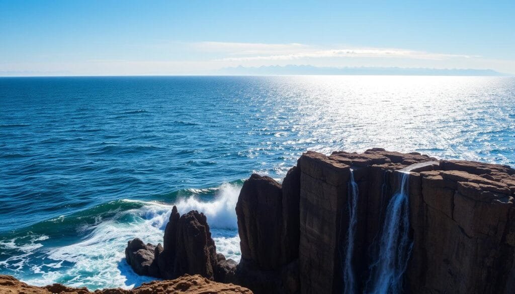 A vast, primordial ocean stretches as far as the eye can see, its shimmering surface reflecting the warm glow of the sun. In the foreground, majestic waves crash against rugged cliffs, their white foam cascading down the weathered rock. Distant mountains rise up, their snow-capped peaks piercing the cerulean sky. The scene exudes a sense of timelessness, hinting at the ancient origins of the planet's vast bodies of water. A serene, contemplative atmosphere pervades the landscape, inviting the viewer to ponder the mysterious beginnings of the world's oceans.
