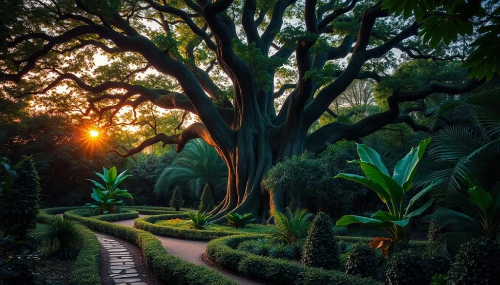 A verdant, serene botanical garden at dusk, with a focus on a large, ancient tree at the center. The tree's gnarled, weathered trunk and canopy of lush, vibrant foliage suggest a living, sentient being, imbued with a sense of timeless wisdom and memory. The garden's pathways lead the viewer's eye towards the tree, inviting contemplation of the tree's silent, contemplative presence. Soft, warm lighting from the setting sun bathes the scene in a golden glow, creating a sense of tranquility and reverence. The overall atmosphere evokes a profound connection between the natural world and the workings of the mind, hinting at the intricate cognitive abilities of the plant kingdom.
