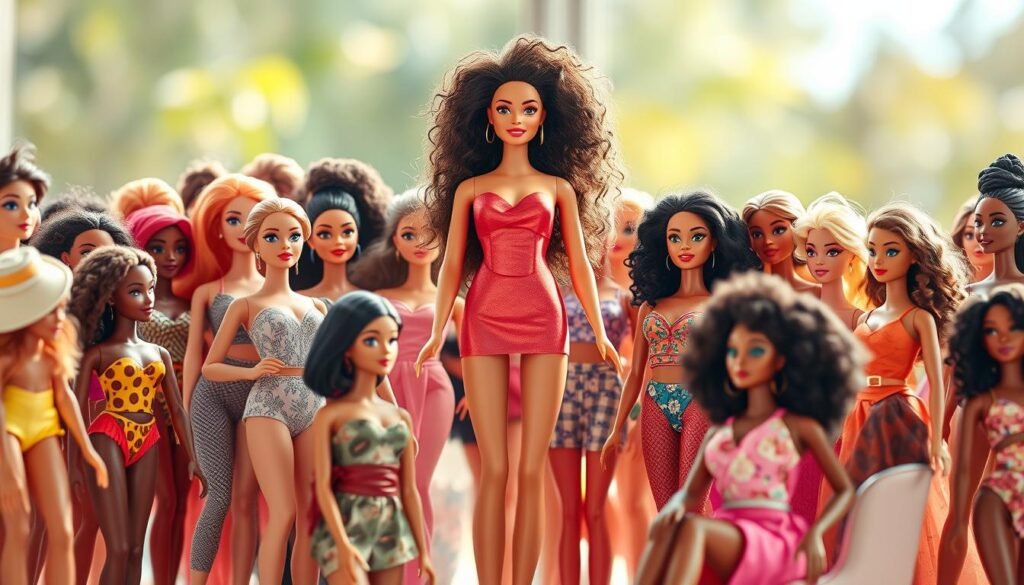 A vibrant and diverse collection of Barbie dolls, each with distinct features and styles, showcasing the evolution of design and representation. A central figure stands tall, a confident and empowered Barbie with a range of skin tones, hair textures, and body types, surrounded by a diverse array of her companions. The scene is bathed in warm, natural lighting, creating a welcoming and inclusive atmosphere. The dolls are positioned in a dynamic, three-dimensional arrangement, capturing the dynamic and ever-changing nature of design and diversity. The overall composition reflects the theme of "Evolución de diseño y diversidad: cambios de cuerpo, piel y estilo" with a sense of celebration and progress. A vibrant and diverse collection of Barbie dolls, each with distinct features and styles, showcasing the evolution of design and representation. A central figure stands tall, a confident and empowered Barbie with a range of skin tones, hair textures, and body types, surrounded by a diverse array of her companions. The scene is bathed in warm, natural lighting, creating a welcoming and inclusive atmosphere. The dolls are positioned in a dynamic, three-dimensional arrangement, capturing the dynamic and ever-changing nature of design and diversity. The overall composition reflects the theme of "Evolución de diseño y diversidad: cambios de cuerpo, piel y estilo" with a sense of celebration and progress.