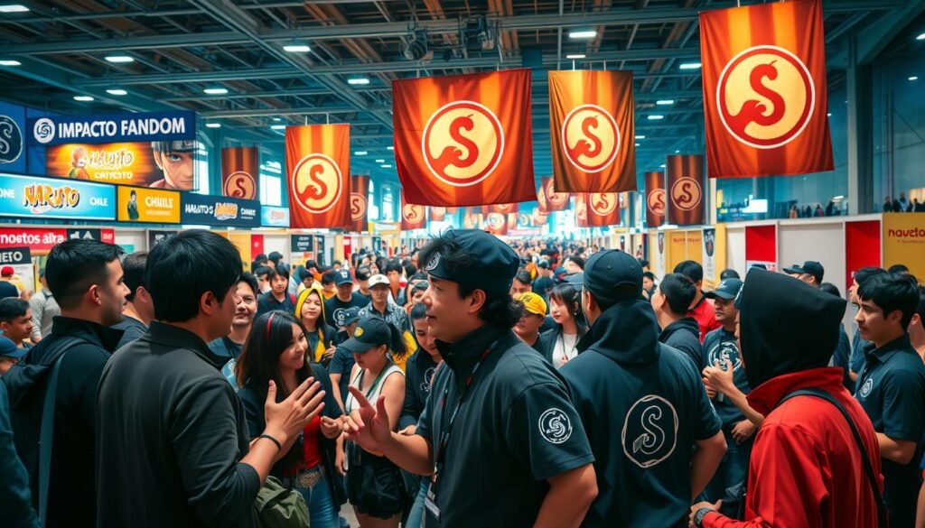 A vibrant and immersive scene depicting the passionate "Impacto Fandom" community in Chile. In the foreground, a group of enthusiastic fans animatedly discussing their favorite "Naruto" characters, gesticulating with fervor. In the middle ground, a sea of colorful cosplay outfits and banners emblazoned with the iconic Uchiha clan symbol, capturing the infectious energy of the event. The background showcases a bustling convention center, with vendors showcasing a wealth of "Naruto" merchandise and memorabilia, all illuminated by warm, vibrant lighting that evokes the spirit of the Hispanic world. The overall atmosphere radiates a palpable sense of camaraderie, passion, and deep appreciation for the beloved anime series.