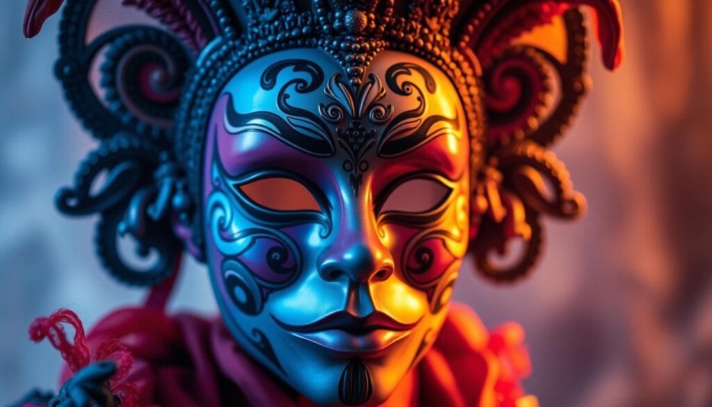 A vibrant and intricately designed mask, crafted with meticulous attention to detail. The central focus, a striking visage with bold features and a captivating gaze, commands attention. Delicate patterns and intricate textures adorn the mask's surface, lending it an air of mystique and elegance. Soft, warm lighting bathes the mask, highlighting its dimensional qualities and creating a sense of depth and dimension. The mask appears to be positioned in the foreground, with a blurred, atmospheric background that sets the stage for its dramatic presentation. The overall composition conveys a sense of artistry, high quality, and the allure of costume and masquerade.