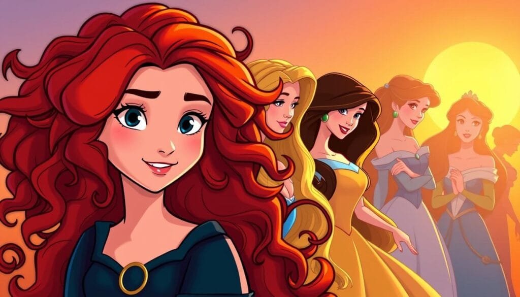 A vibrant and whimsical illustration of iconic Disney princesses, showcasing their distinct and enchanting hairstyles. In the foreground, a detailed portrait of Merida from "Brave," her wild and luscious red curls framing her face. In the middle ground, Rapunzel from "Tangled" with her cascading golden tresses, Jasmine from "Aladdin" with her sleek black hair, and Belle from "Beauty and the Beast" with her flowing brown locks. In the background, silhouettes of other beloved princesses, their hairstyles visible in the warm, soft lighting. The image captures the essence of the princesses' timeless beauty and the diversity of their iconic hairstyles.