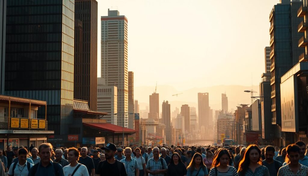 A vibrant cityscape filled with diverse elements representing the complexities of modern society. In the foreground, bustling pedestrians navigate the streets, their expressions reflecting the highs and lows of daily life. Towering skyscrapers cast long shadows, symbolizing the power structures and economic forces that shape this sociedad. The middle ground features a mix of residential and commercial buildings, their architectural styles blending traditional and contemporary design. In the background, a hazy horizon suggests the impact of this societal landscape, both positive and negative, on the broader environment. Warm, diffused lighting illuminates the scene, creating a sense of contemplation and the delicate balance between individual and collective experiences.
