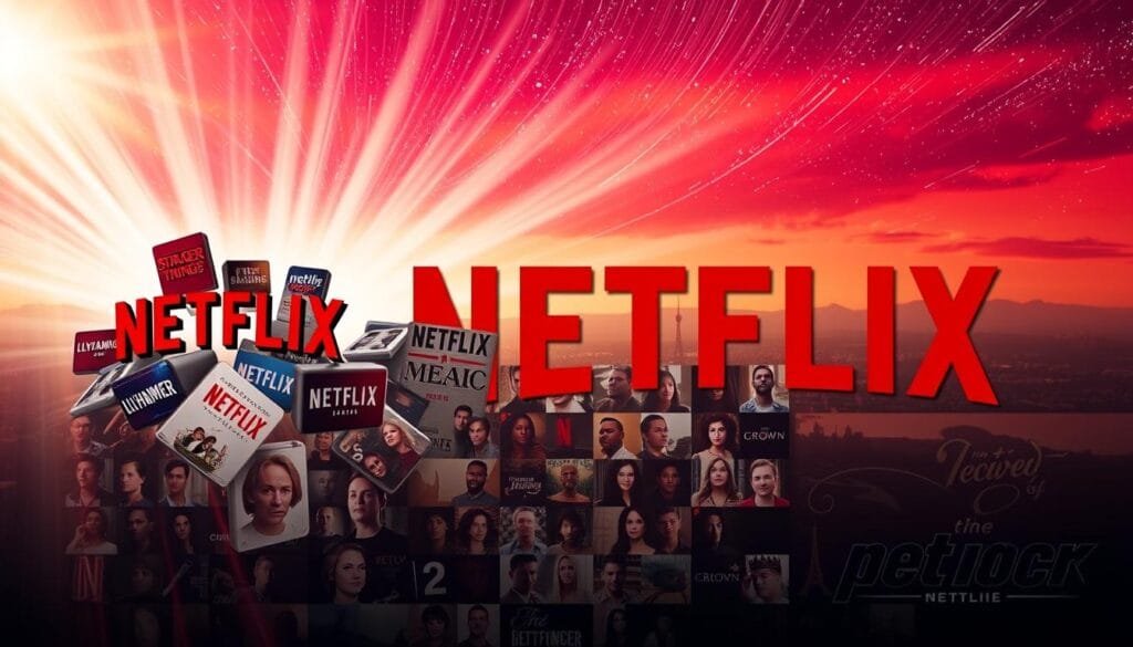 A vibrant, dynamic composition showcasing the evolution of Netflix's original content and global brand. In the foreground, a cluster of iconic Netflix series logos - Lilyhammer, Stranger Things, The Crown - hover against a shimmering, futuristic backdrop. Rays of light cut through the scene, creating a sense of energy and forward momentum. The middle ground features a mosaic of richly detailed character portraits, capturing the diverse narratives and production values that have defined Netflix's acclaimed original programming. In the background, a sweeping, cinematic landscape hints at the platform's worldwide reach and cultural impact, with silhouettes of global landmarks and a subtle Netflix 'N' motif woven throughout. The overall atmosphere is one of creative innovation, technological prowess, and Netflix's transformation from a mail-order DVD service to a preeminent, genre-defining force in the streaming era.