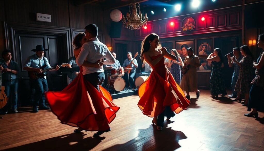 A vibrant, energetic scene of a traditional Latin American baile (dance). In the foreground, a couple gracefully move to the rhythm, their bodies twisting and turning with passion. Their flowing, colorful dresses and sharp, stylized movements capture the essence of the music. In the middle ground, a lively band plays upbeat, percussive music, the musicians immersed in the performance. The background is filled with a dimly lit, intimate setting - warm lighting, rich wooden accents, and silhouettes of other dancers moving in sync. The atmosphere is electric, the air pulsing with the energy of the baile. Capture the poetic, visual nature of this dynamic, cultural celebration of music and movement.