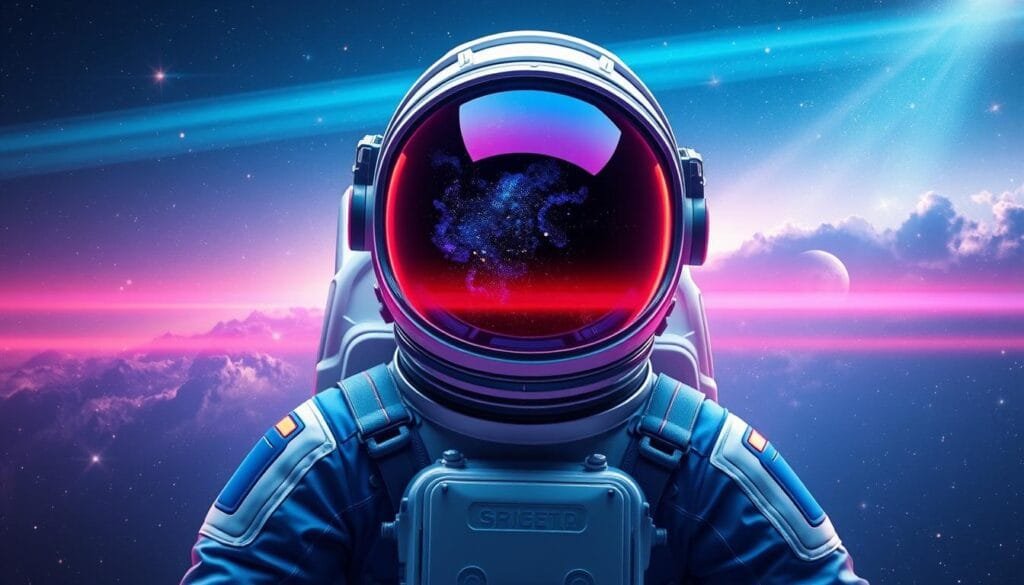 A vibrant, futuristic spacesuit design with sleek contours and a bold color palette. The astronaut's helmet features a transparent visor that reflects the vastness of the cosmos, giving an otherworldly glow. The suit's primary hues of vibrant blue and white are accented by subtle metallic details, creating a striking silhouette against a backdrop of stars and nebulae. Beams of celestial light illuminate the scene, evoking a sense of exploration and wonder. The design is both functional and visually captivating, capturing the spirit of space adventure that captivated generations.