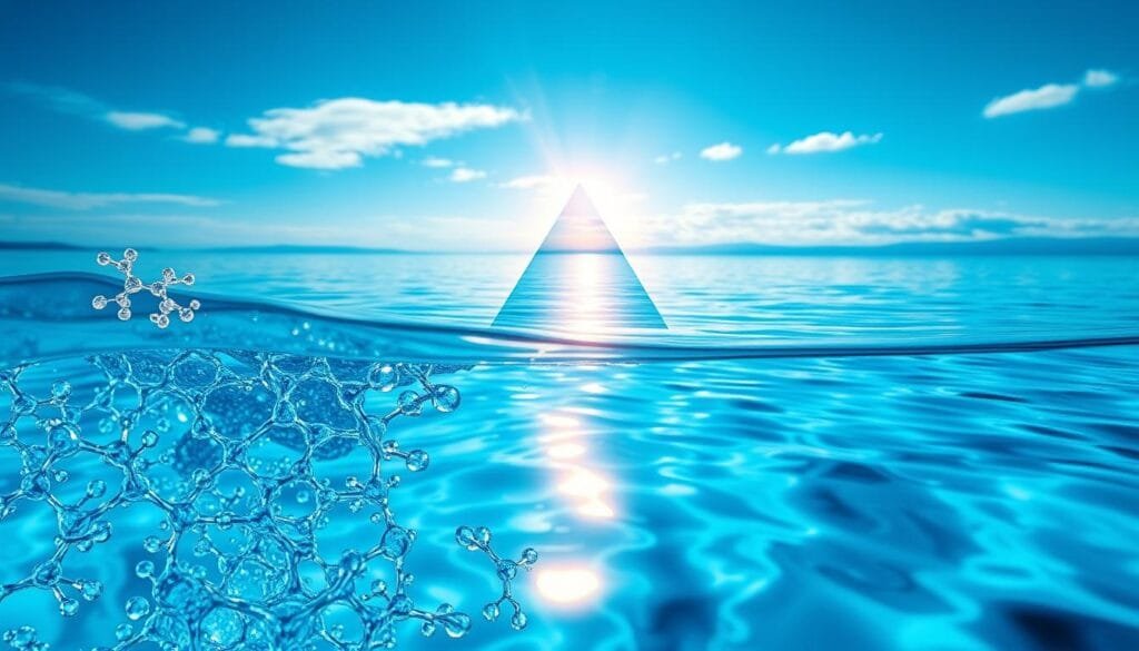 A vibrant, high-resolution image depicting the absorption of light wavelengths by water molecules. The foreground shows a close-up view of water, with intricate molecular structures visible, glowing with subtle hues of blue. The middle ground features a prism-like effect, refracting the light into its constituent wavelengths, highlighting the specific wavelengths absorbed by water. The background showcases a serene, azure-tinted landscape, with reflections of the sky dancing on the water's surface. The lighting is soft and diffused, creating a sense of depth and clarity. Capture the essence of the water's inherent blue color and the scientific principles behind its subtle chromatic nature.