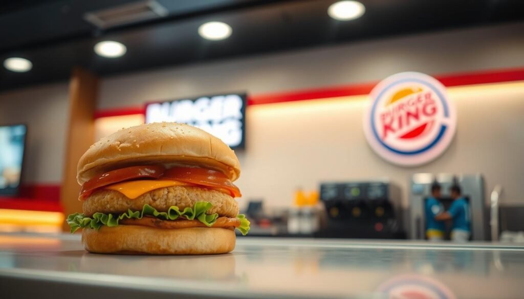 A vibrant, mouth-watering Burger King burger, customized to perfection, sits atop a modern, sleek countertop. The burger's bun is golden-brown, with a soft, pillowy texture, contrasting with the crisp, freshly fried patty. Sauces and toppings are neatly arranged, allowing the customer to tailor the burger to their exact taste. Soft, warm lighting illuminates the scene, creating a welcoming, inviting atmosphere. The camera angle is slightly elevated, showcasing the burger's details and the clean, minimalist design of the Burger King establishment. The overall composition evokes a sense of individual choice and the brand's "Have it your way" ethos.